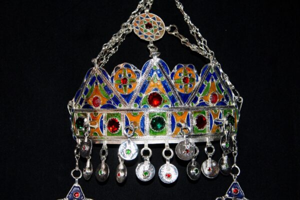 Berber Headdress , "TAOUNZA" Berber Head Ornament Plated silver, enamel, and glass beads